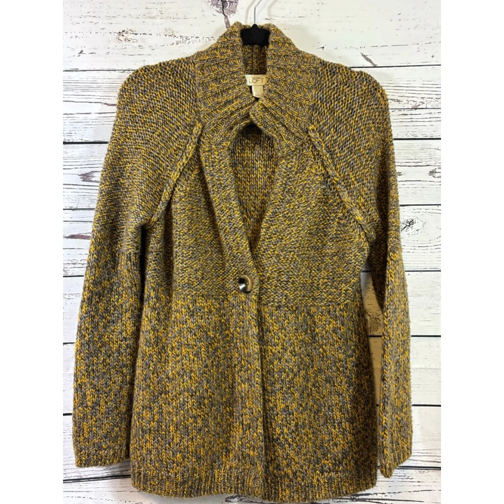 Women's LOFT Gold Grey Knit Cardigan Sweater Size L